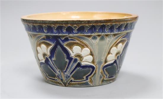 A Doulton Lambeth Aesthetic period flowerpot, by Edith D Lupton, dated 1880, D. 15cm